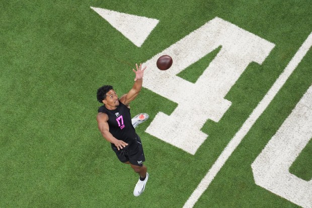 San Diego State defensive back Chris Johnson (17) goes through drills and testing at the NFL Combine in Indianapolis, Friday, Feb. 27, 2026. (AP Photo/Eric Gay)