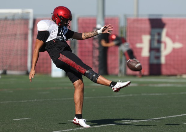 Aztecs punter Tashi Dorje during football practice at SDSU in San Diego on Thursday, Aug. 07, 2025. (Hayne Palmour IV / For The San Diego Union-Tribune)