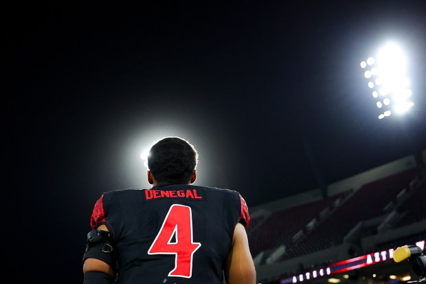 Jayden Denegal #4 of San Diego State walks back to the locker room after the Aztecs defeated San Jose State during their game at Snapdragon Stadium on Saturday, Nov. 22, 2025 in San Diego, California. (Meg McLaughlin / The San Diego Union-Tribune)