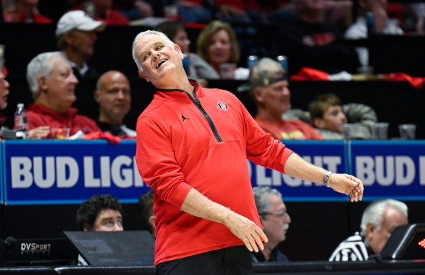 San Diego State head coach Brian Dutcher reacts during the second half against Nevada Feb. 14, 2026 in San Diego, Calif. (Photo by Denis Poroy)