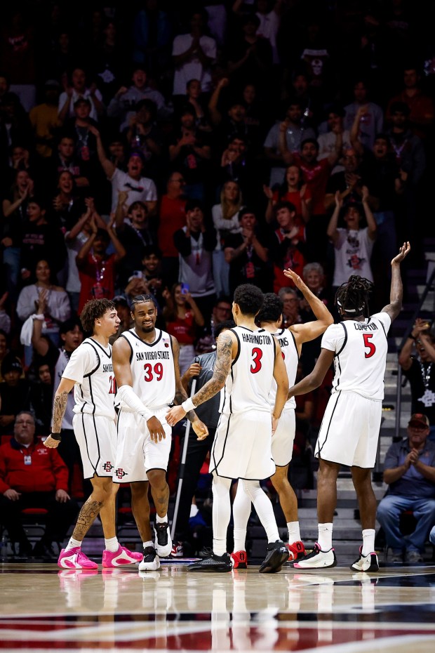 San Diego State players gesture towards the crowd during their game against Utah State at Viejas Arena on Wednesday, Feb. 25, 2026 in San Diego, California. (Meg McLaughlin / The San Diego Union-Tribune)