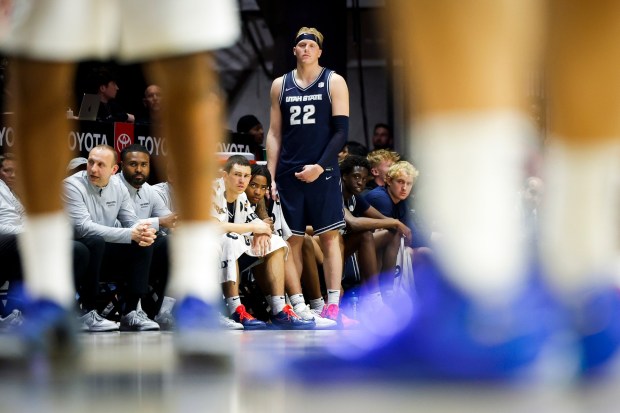 Karson Templin #22 of Utah State looks on from the bench during the Aggies' game against San Diego State at Viejas Arena on Wednesday, Feb. 25, 2026 in San Diego, California. (Meg McLaughlin / The San Diego Union-Tribune)