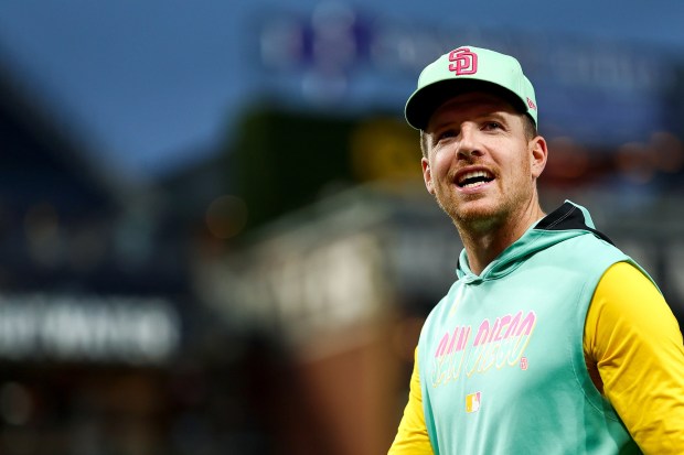 Nick Pivetta #27 of the San Diego Padres smiles at fans before their game against the Arizona Diamondbacks at Petco Park on Friday, Sept. 26, 2025 in San Diego, California. (Meg McLaughlin / The San Diego Union-Tribune)