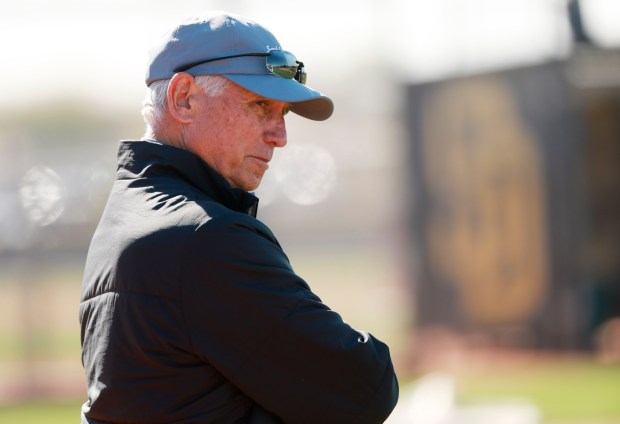Peoria, AZ - February 19: Bud Black, senior advisor to baseball operations for the San Diego Padres watches during a spring training practice on February 19, 2026 in Peoria, AZ. (K.C. Alfred / The San Diego Union-Tribune)