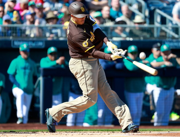 Peoria, AZ - February 20: Manny Machado #13 of the San Diego Padres pops out against the Seattle Mariners during a spring training game on February 20, 2026 in Peoria, AZ. (K.C. Alfred / The San Diego Union-Tribune)
