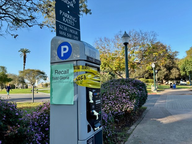 A vandalized parking payment kiosk is seen on 6th Avenue across from Balboa Park on Feb. 6, 2026. (Rob Nikolewski / The San Diego Union-Tribune)