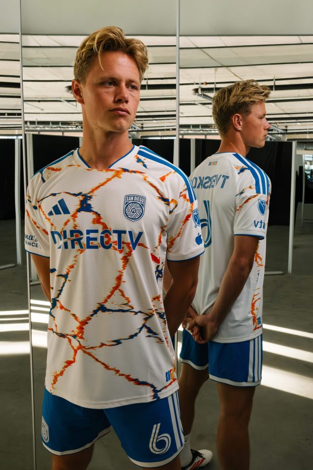 San Diego FC captain Jeppe Tverskow models the team's new Unprecedented Unity kit. (San Diego FC)