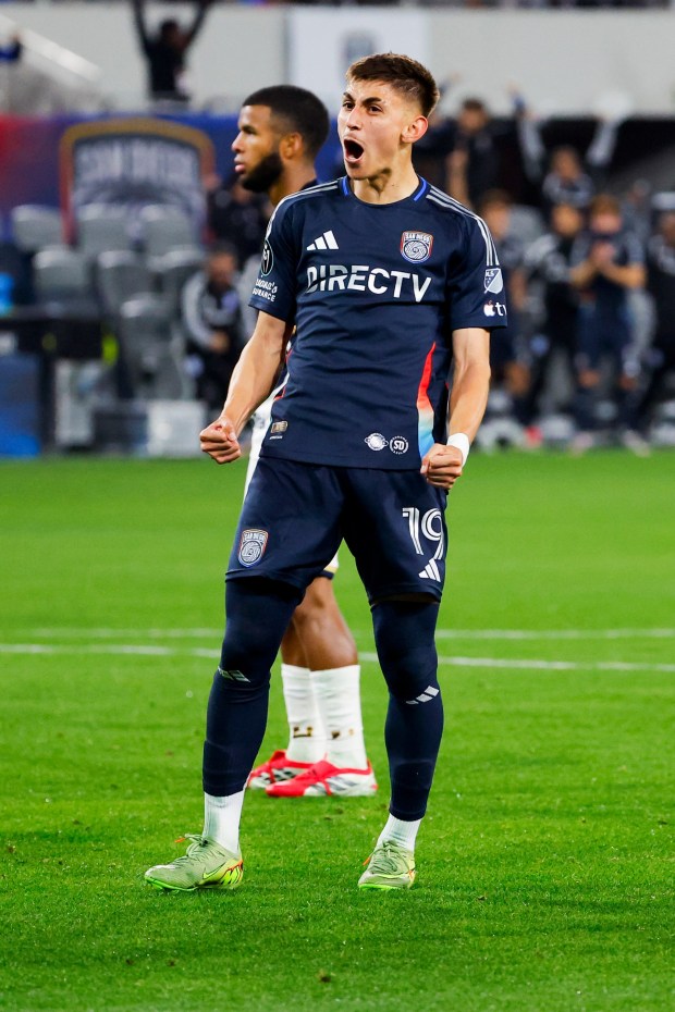 David Vazquez #19 of the San Diego FC celebrates after a goal against the Pumas UNAM during the CONCACAF Champions Cup match at Snapdragon Stadium on Tuesday, Feb. 3, 2026 in San Diego, California. (Meg McLaughlin / The San Diego Union-Tribune)