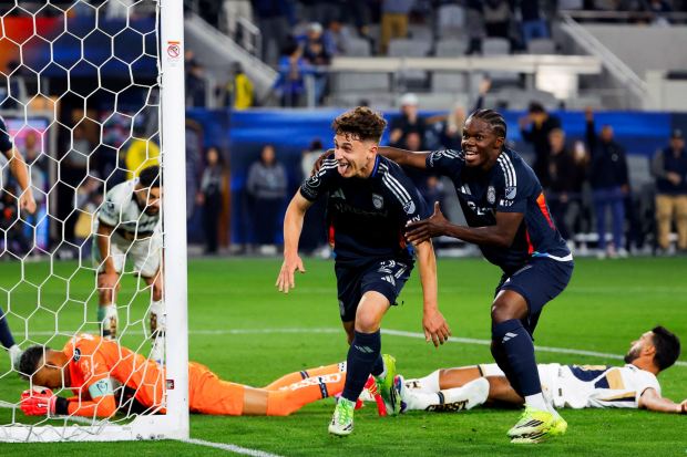 Luca Bombino #27 and Alex Mighten #77 of the San Diego FC celebrate after a goal against the Pumas UNAM during the CONCACAF Champions Cup match at Snapdragon Stadium on Tuesday, Feb. 3, 2026 in San Diego, California. (Meg McLaughlin / The San Diego Union-Tribune)