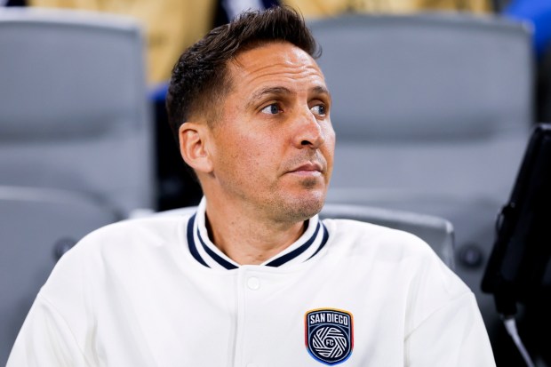 Mikey Varas of San Diego FC looks on before their match against the Pumas UNAM during the CONCACAF Champions Cup match at Snapdragon Stadium on Tuesday, Feb. 3, 2026 in San Diego, California. (Meg McLaughlin / The San Diego Union-Tribune)