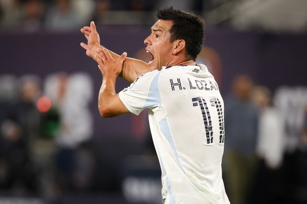 San Diego FC wing Hirving "Chucky" Lozano calls for a handball during a game against Toronto FC at Snapdragon Stadium earlier this season. (Meg McLaughlin / The San Diego Union-Tribune)