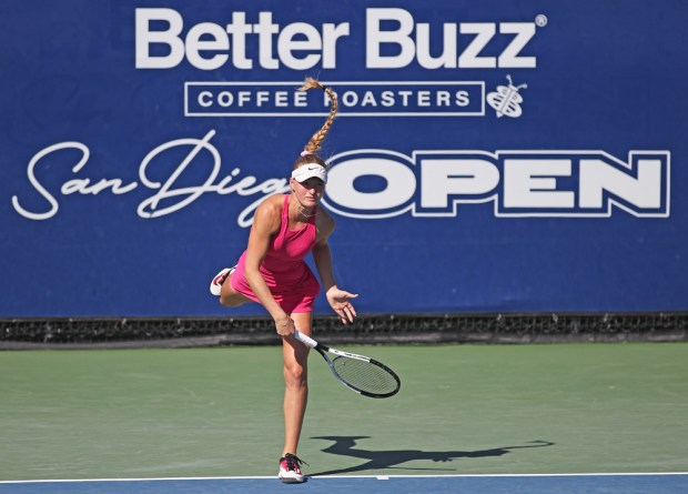 Elvina Kalieva plays during Saturday's Better Buzz Coffee San Diego Open final. (San Diego Open)