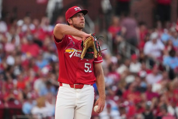 St. Louis Cardinals starting pitcher Matthew Liberatore pauses on the mound during the first inning of a baseball game against the Atlanta Braves Friday, July 11, 2025, in St. Louis. (AP Photo/Jeff Roberson)
