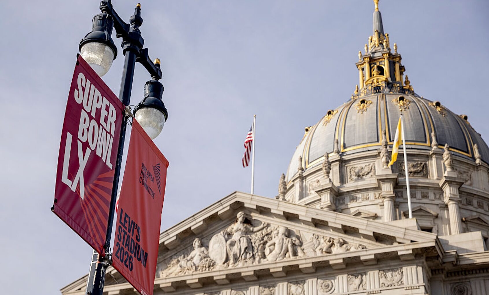 A Super Bowl LX sign at Civic Center Plaza in San Francisco (Stephen Lam/San Francisco Chronicle via Getty Images)