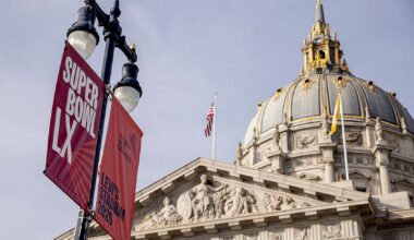 A Super Bowl LX sign at Civic Center Plaza in San Francisco (Stephen Lam/San Francisco Chronicle via Getty Images)