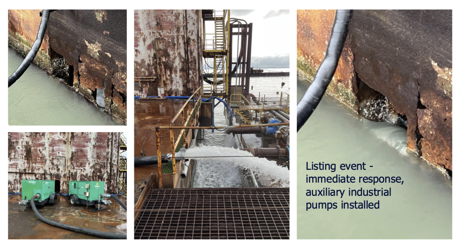 Four images show a rusted, listing vessel with holes near the waterline, hoses pumping water out, and industrial pumps onshore; caption notes immediate response and plans to transfer the ship to drydock for repairs.