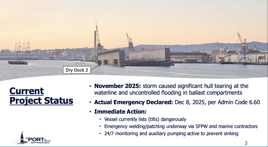 View of a harbor with a damaged drydock labeled "Dry Dock 2," text describing the November 2025 storm, emergency response actions, and an update on current repair project status.