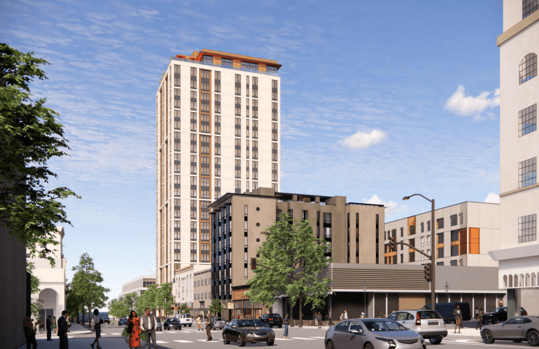 An architect's rendering shows a 23-story housing development standing along University Avenue