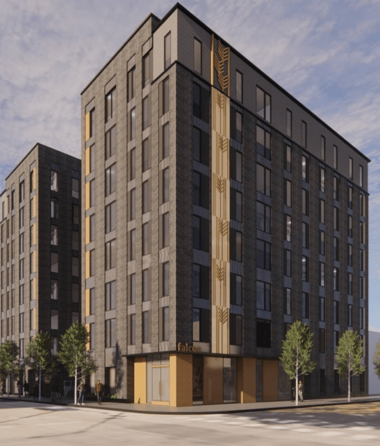 An artchitect's rendering of an eight-story apartment complex