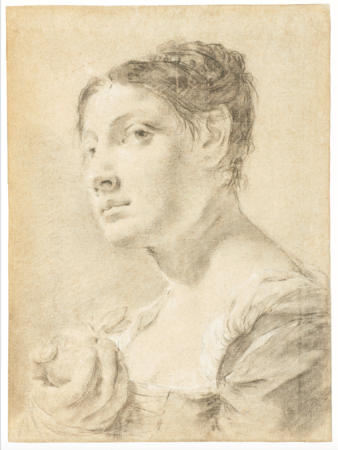 A pencil and chalk drawing of a woman in a dress, looking slightly to the side, holding an apple in her left hand—an artwork reminiscent of pieces often found in museums.