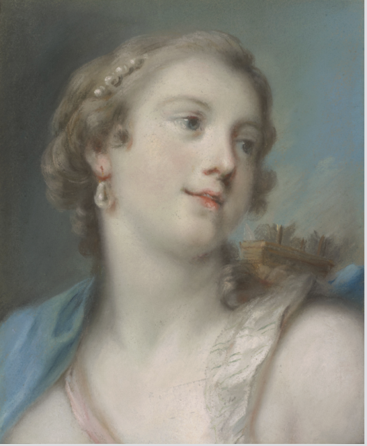 A classical-style portrait of a woman with light skin, pearl earrings, and a ship in her hair, gazing to the side against a soft blue background—perfect for museums seeking elegant and imaginative artwork.