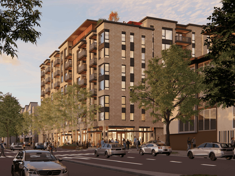 An architect's rendering shows an eight-story apartment building on a busy, four-lane street