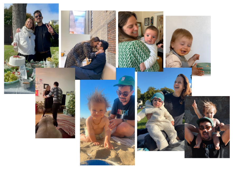 A collage of candid family moments including adults, babies, children, and a dog, shown celebrating, playing, eating, and relaxing in various indoor and outdoor settings.