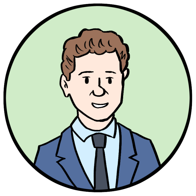 Cartoon illustration of a person with short brown hair wearing a blue suit and tie, shown inside a circular frame with a light green background.