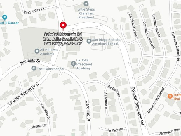 A project where Soledad Mountain Road meets La Jolla Scenic Drive South is intended to upsize existing 12-inch underground pipes to 16 inches. (Bing Maps and La Jolla Light)