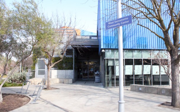 The entrance to the West Sacramento Community Center at 1075 West Capitol Ave., the location of a Black History Month art exhibit, which runs through February. (Photo by Jacob Peterson)