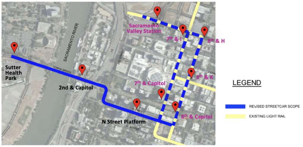 Blue lines on a map showing route between West Sacramento and Sacramento