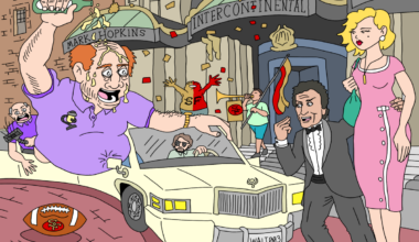 A sweating man pours salt on himself beside a large white car, while a well-dressed couple and pedestrians stand in front of the Mark Hopkins and Intercontinental hotels.