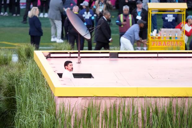 Bad Bunny performs during halftime of the NFL Super Bowl 60 football game between the Seattle Seahawks and the New England Patriots, Sunday, Feb. 8, 2026, in Santa Clara, Calif. (AP Photo/Frank Franklin II)