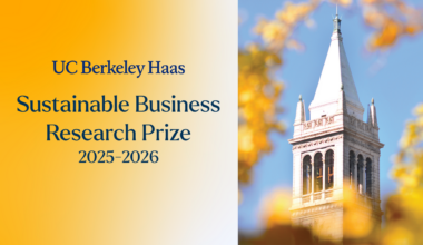 Image shows a photo of the UC Berkeley campanile tower on the right, with the words UC Berkeley Haas Sustainable Business Research Prize 2025-2026 on the left.