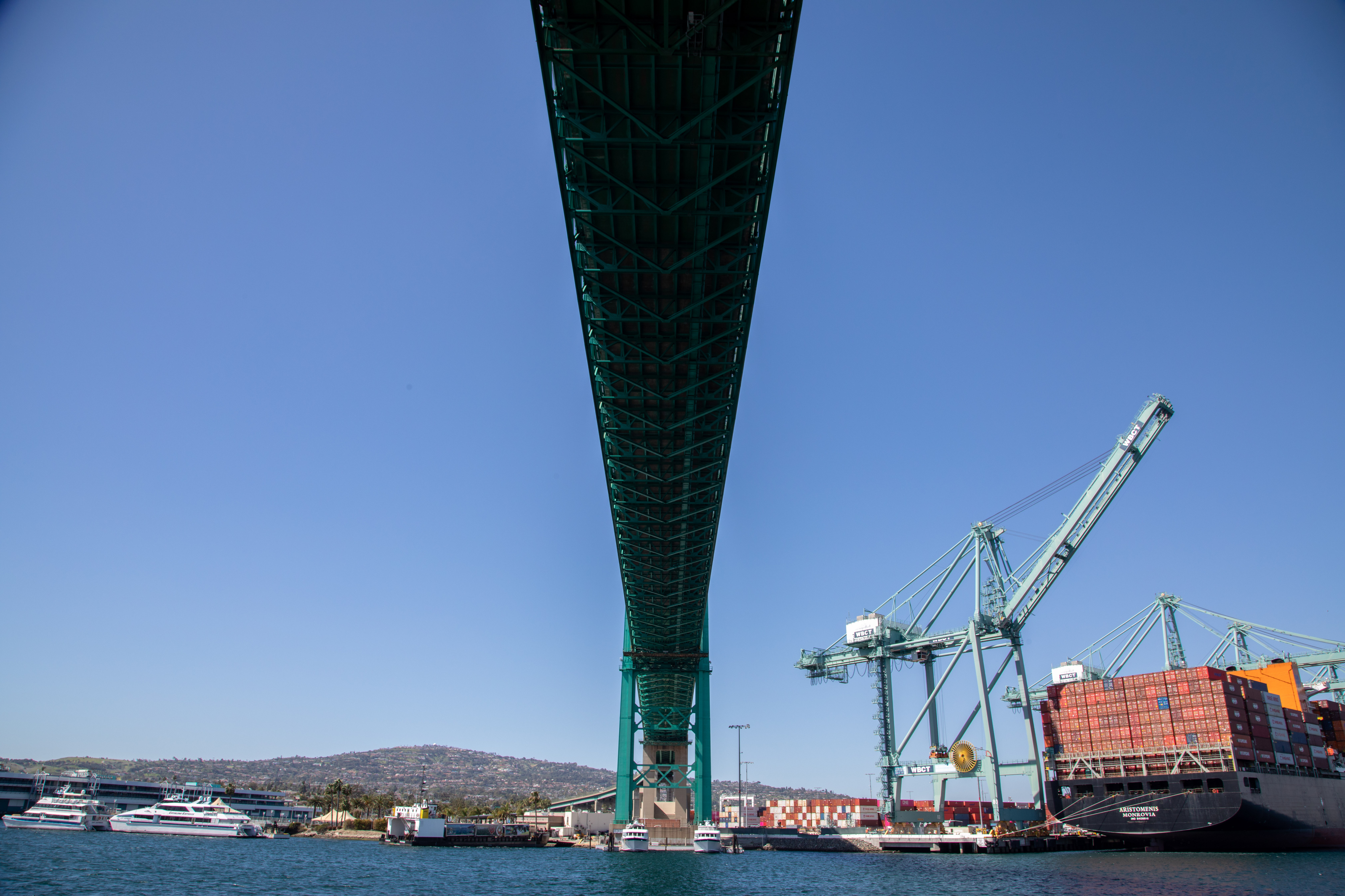 The Vincent Thomas Bridge spans across from Terminal Island to...