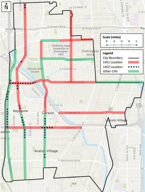 A map showing the project locations for the new citywide bike lanes. (Map courtesy of the City of Carson)