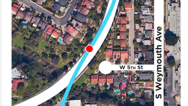 Map shows where bore holes are being drilled on Western Avenue in San Pedro. Workers send imaging equipment below ground to a depth of 370 feet to determine more about what caused the tunnel breach in a project to build new wastewater pipes from Carson to San Pedro. Work began in September 2025 on Western Avenue above where the underground breach occurred and was initially expected to take four to six weeks. The location is on Western Avenue across from the Fifth Street cul-de-sac. (Local Rights)