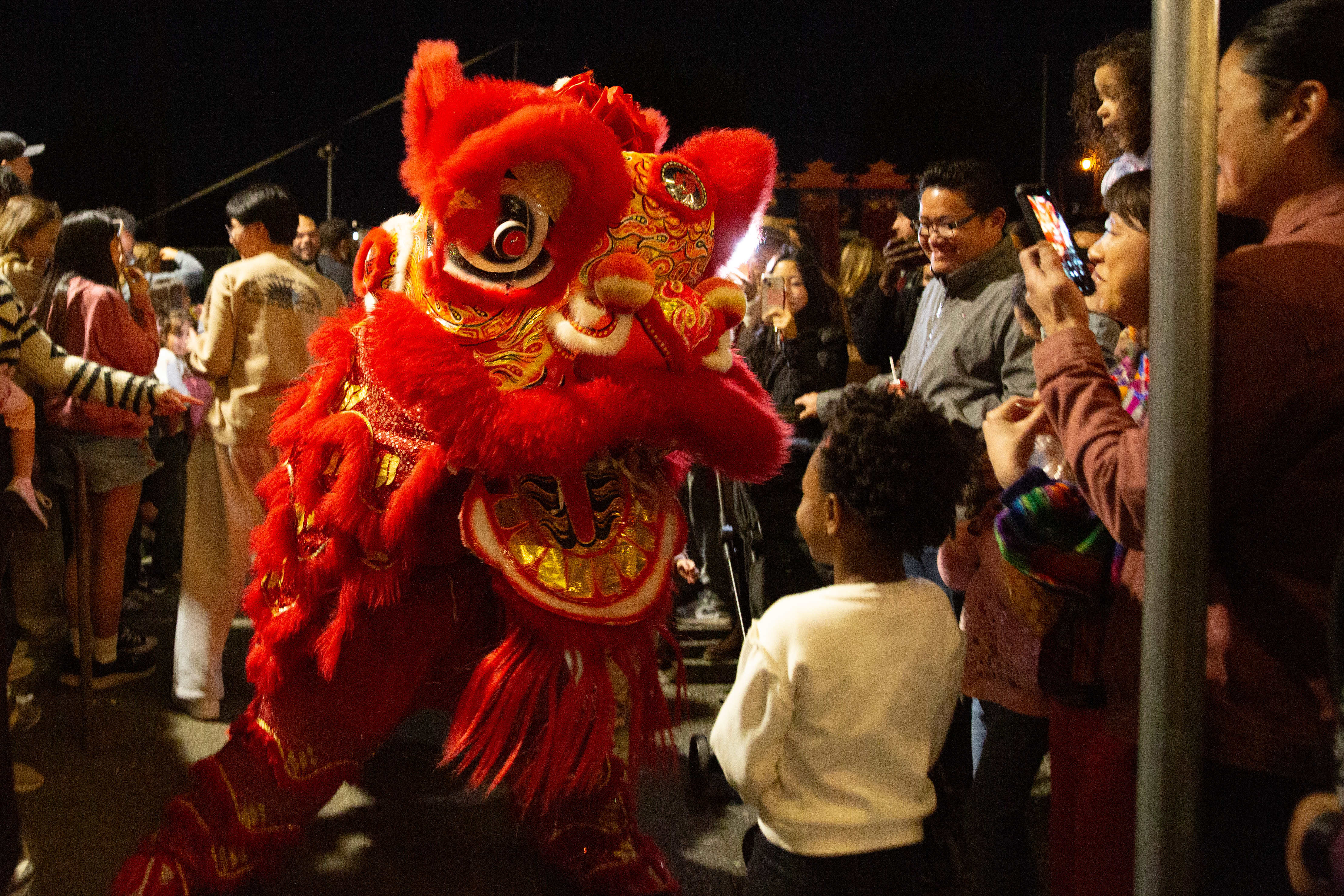 Lion dancers go face-to-face with a boy as they go...