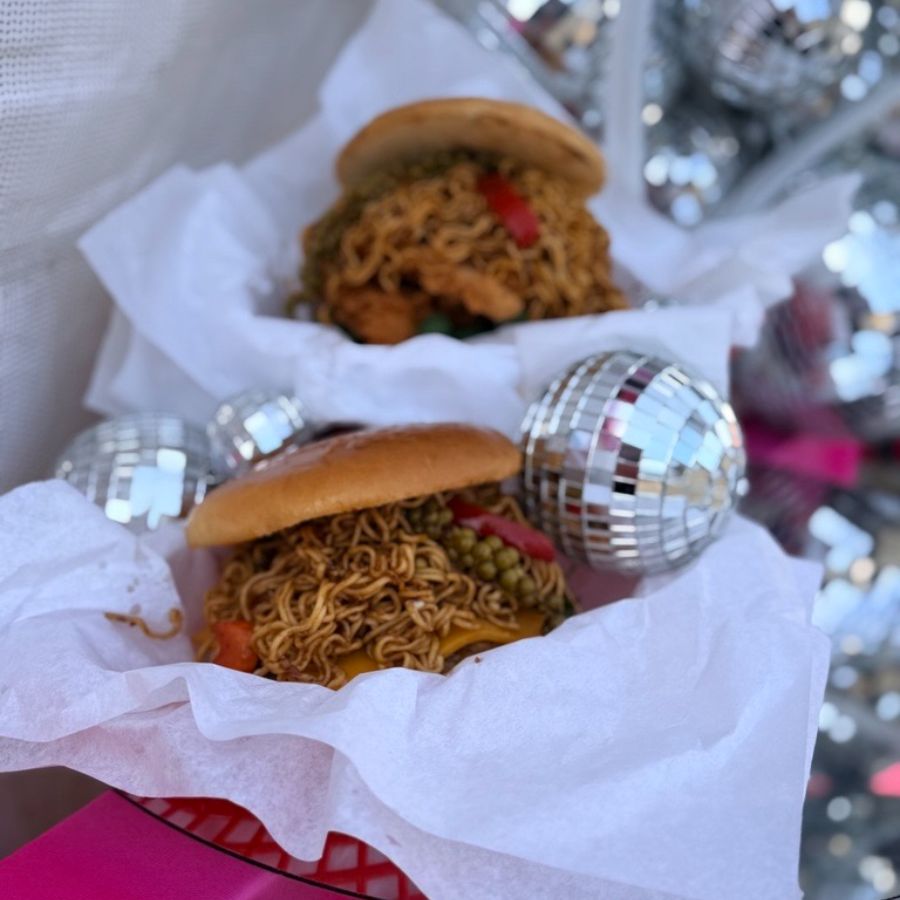 The Send Noodz burger made by the Thai Farmhouse Kitchen at the Oakland Family Style Food Fest on Saturday, Feb. 7, 2026. (GV Wire/Anthony W. Haddad)