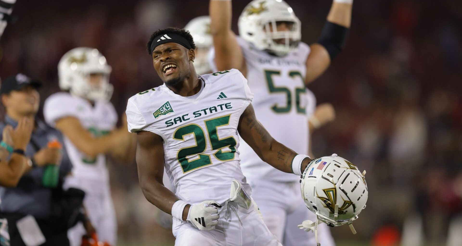 Sep 16, 2023; Stanford, California, USA; Sacramento State Hornets running back Elijah Tau-Tolliver (25) celebrates after a touchdown during the fourth quarter against the Stanford Cardinal at Stanford Stadium