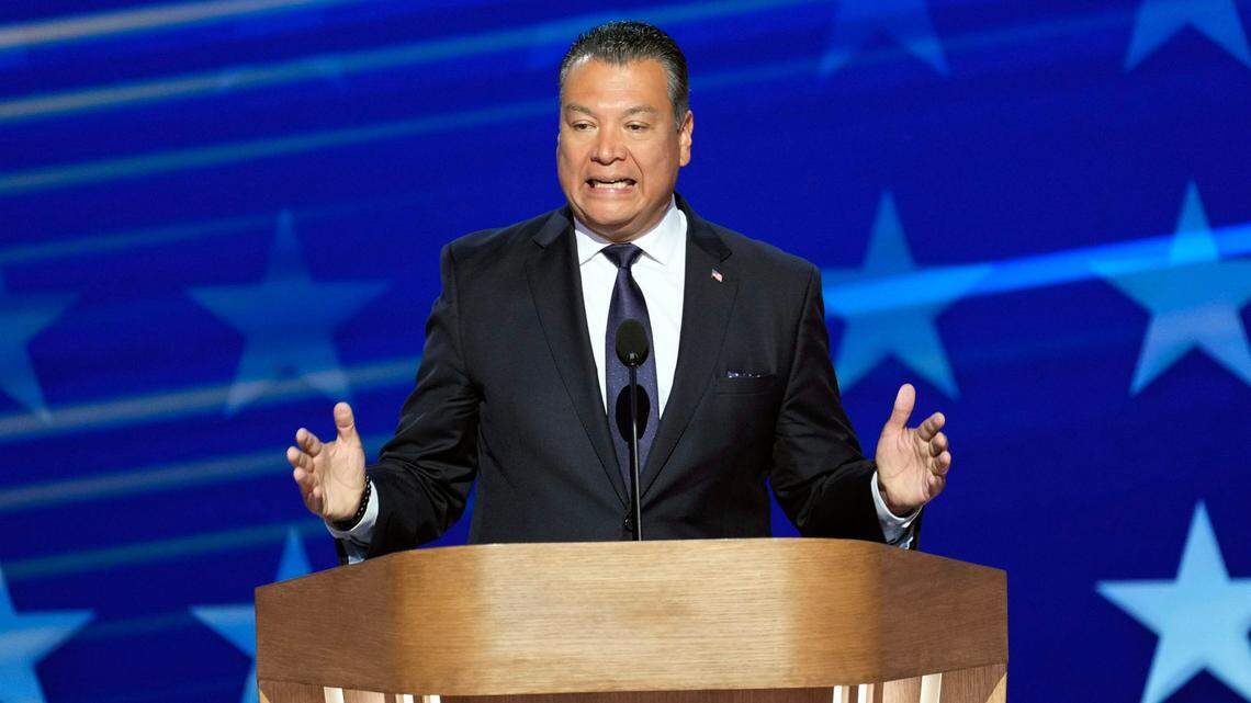 California Sen. Alex Padilla speaks on Thursday, Aug. 22, 2024, the final day of the Democratic National Convention at the United Center.