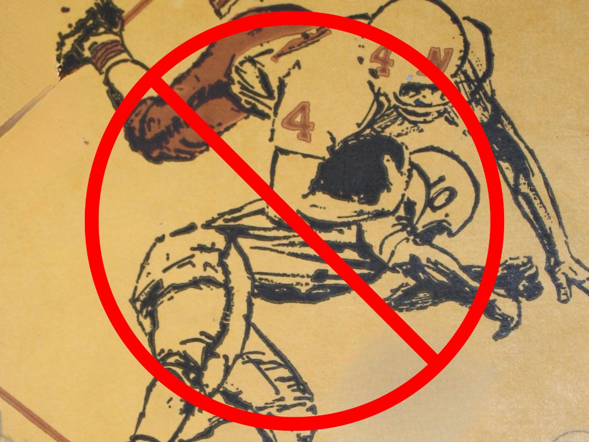 Illustration of two football players tackling, overlaid with a red prohibition symbol, referencing Super Bowl excitement.