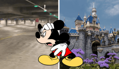 Mickey Mouse looks shocked at a screenshot from a video of an empty Disneyland parking lot next to a photo of Sleeping Beauty castle surrounded by purple flowers.