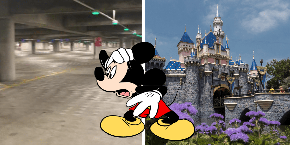 Mickey Mouse looks shocked at a screenshot from a video of an empty Disneyland parking lot next to a photo of Sleeping Beauty castle surrounded by purple flowers.