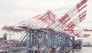A container ship is docked at the Port of Long Beach on Feb. 20, 2026, in Long Beach, Calif.