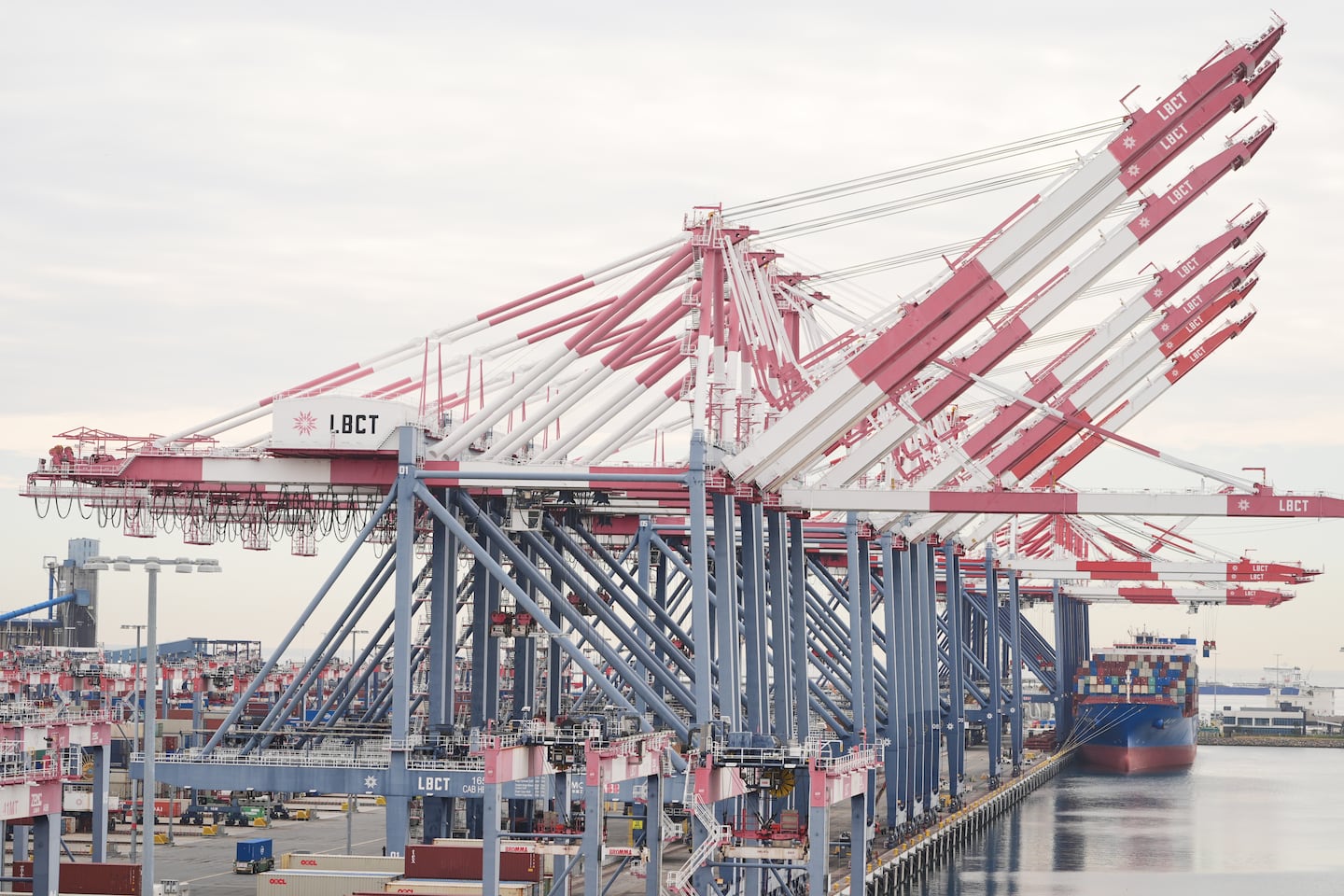 A container ship is docked at the Port of Long Beach on Feb. 20, 2026, in Long Beach, Calif.
