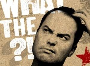 Close up of a confused man scratching head with "WHAT THE?!" text, symbolizing confusion or surpriseA close-up of a man with a confused expression on his face, scratching his head. The text "WHAT THE ?!" is in large white letters behind him.