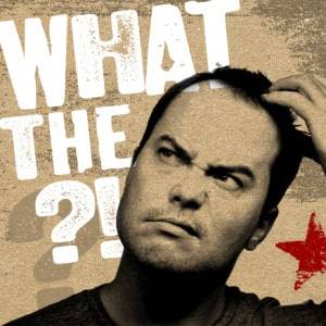 Close up of a confused man scratching head with "WHAT THE?!" text, symbolizing confusion or surpriseA close-up of a man with a confused expression on his face, scratching his head. The text "WHAT THE ?!" is in large white letters behind him.