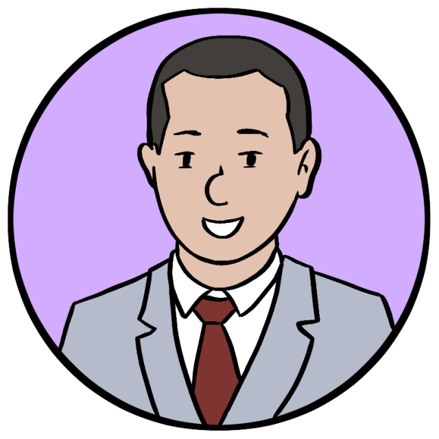 Illustration of a person in a gray suit and red tie, smiling, with short dark hair, set against a purple circular background.