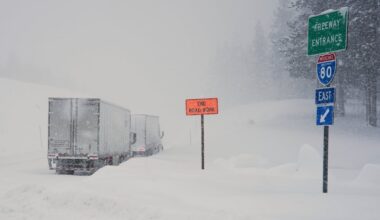 Trucks were lined up along Interstate 80 during a storm on Tuesday, Feb. 17, in Truckee, Calif.